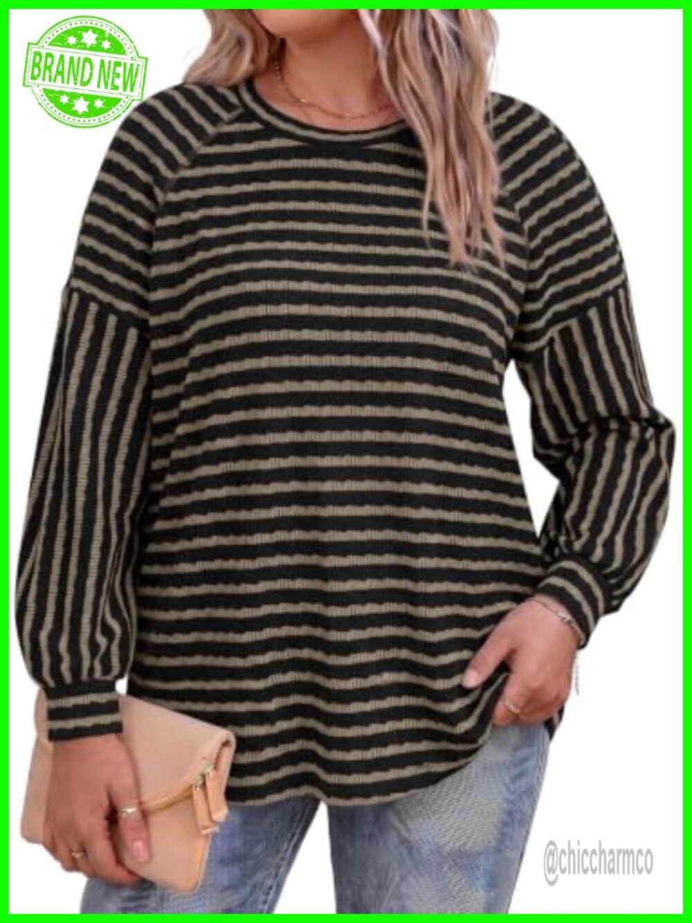 Plus Size Long Sleeve Striped Tunic Top Crew Neck Raglan Sleeve
